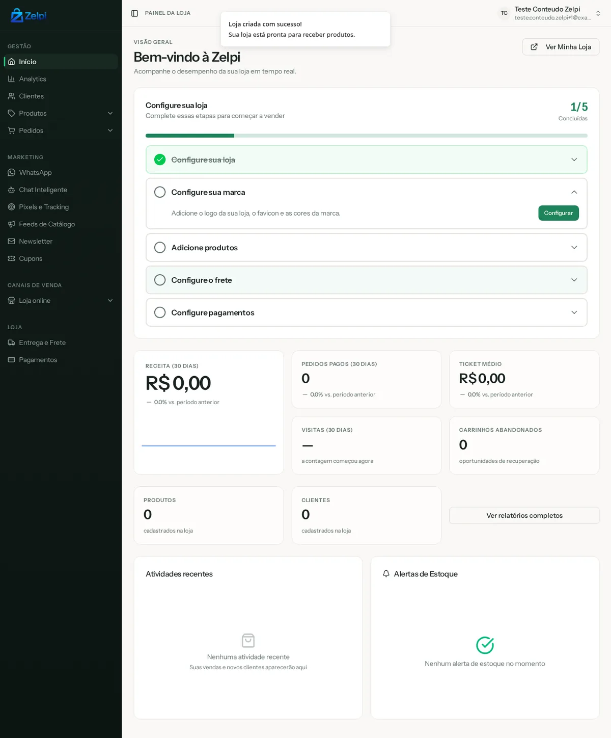 Painel inicial da Zelpi com checklist de configuração, receita, pedidos e visitas
