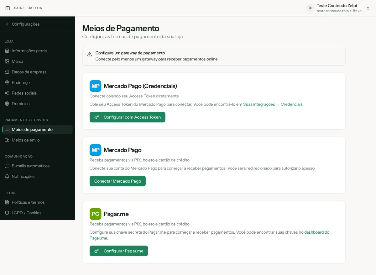 Tela de configuração de pagamentos da Zelpi com os gateways Mercado Pago e Pagar.me
